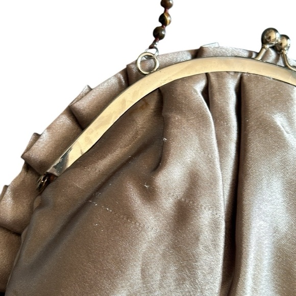 Vintage Taupe Satin Evening Bag Clutch with Gold Fabric Rose and Beaded Strap - Picture 6 of 9